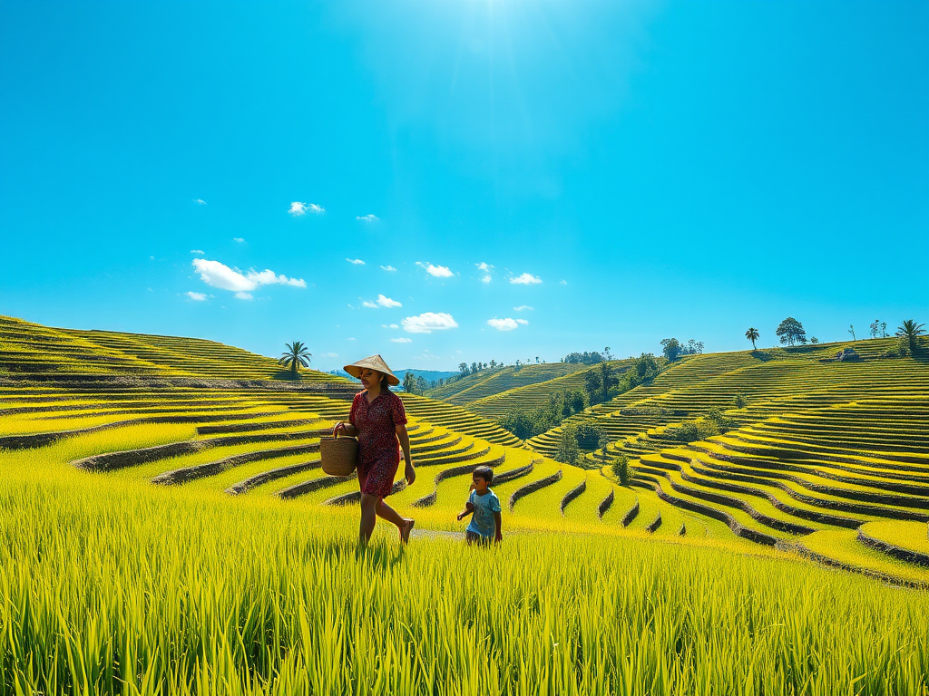 a vibrant landscape of terraced rice fields with a woman carrying a basket and a child walking beside her under a bright blue sky, shot with a Canon EOS 5D Mark IV, 24mm lens, aperture f/8, ISO 200, at a slightly elevated angle for depth and clarity