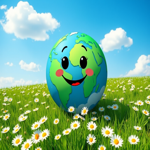 A cute cartoon illustration of Earth with a smiling face on a bright green meadow filled with daisies, with a clear blue sky and fluffy white clouds, taken with a DSLR camera at f/8 aperture, 1/200 sec shutter speed, ISO 100, wide-angle lens, soft focus for a playful, vibrant look.