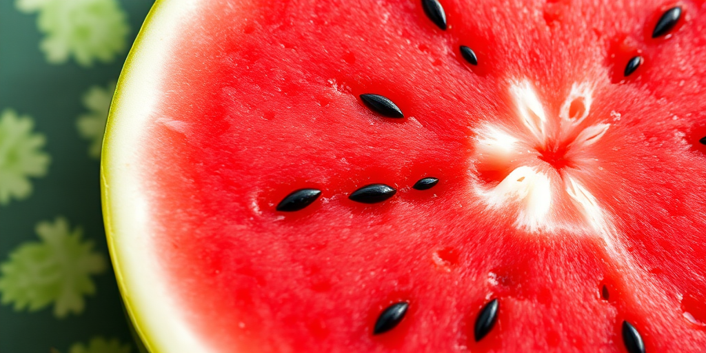 Create a high-resolution illustration of a sliced watermelon showing a vibrant red interior with black seeds, surrounded by a thick green rind, using a macro lens with a shallow depth of field for enhanced detail, in a flat lay composition with natural lighting for a fresh look, and using a digital illustration style.