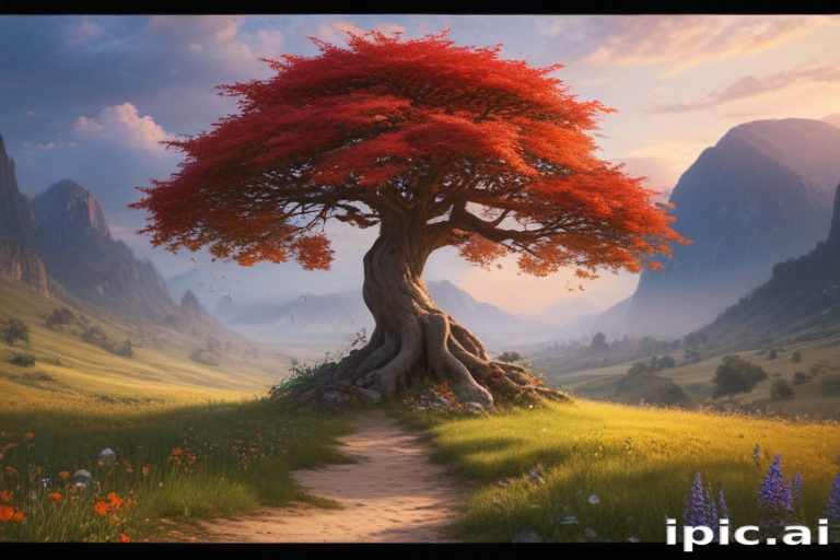 A Majestic Red Tree Stands Tall in a Serene Mountain Landscape.