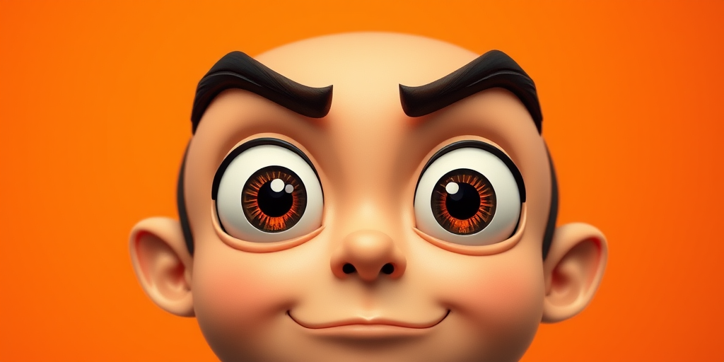Create an image of an expressive cartoon face with exaggerated spiral eyes and furrowed eyebrows on a vivid orange background, captured using a DSLR camera at f/8 aperture, ISO 100, 1/200 sec shutter speed, in portrait orientation with a soft focus effect for enhanced depth.