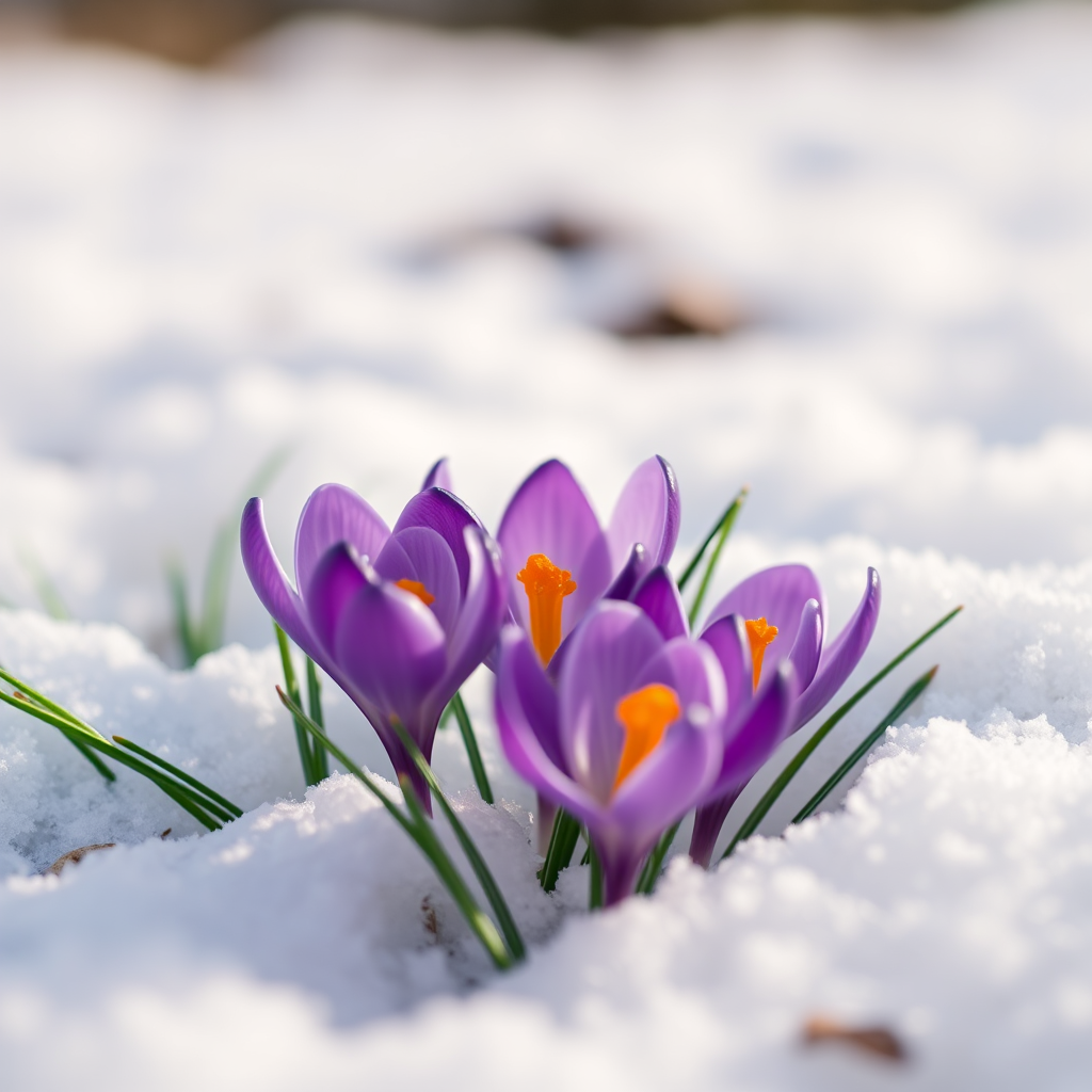 a close-up shot of purple crocuses emerging from snow, shallow depth of field, natural lighting, ISO 100, aperture f/2.8, shutter speed 1/250, macro lens, DSLR camera
