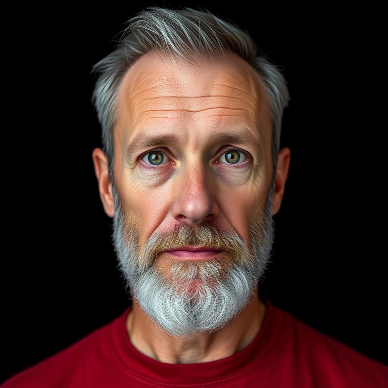 Create a high-resolution digital illustration of a middle-aged man with a gray beard and green eyes, wearing a red shirt, captured with a Canon EOS R5 at f/2.8, ISO 100, 50mm lens, in a studio setting with soft lighting and a plain black background.