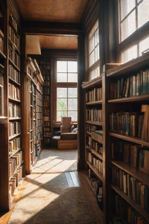 Soft-focus image of a charming old bookstore with wooden shelves crammed with books, sunlight streaming through large windows, creating pools of light on the plush carpet and inviting reading nooks.