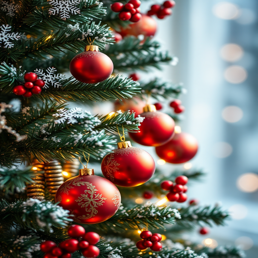 Create an image of a beautifully decorated Christmas tree with red and gold ornaments, surrounded by snowflakes and a soft, glowing background that evokes a warm holiday atmosphere. Include some berry accents and a hint of twinkling lights.