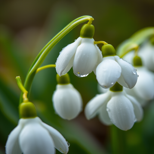 Close-up of snowdrop flowers with dew drops on petals, soft-focus background, using a macro lens, aperture f/2.8, shutter speed 1/200 sec, ISO 100, natural lighting, DSLR camera.