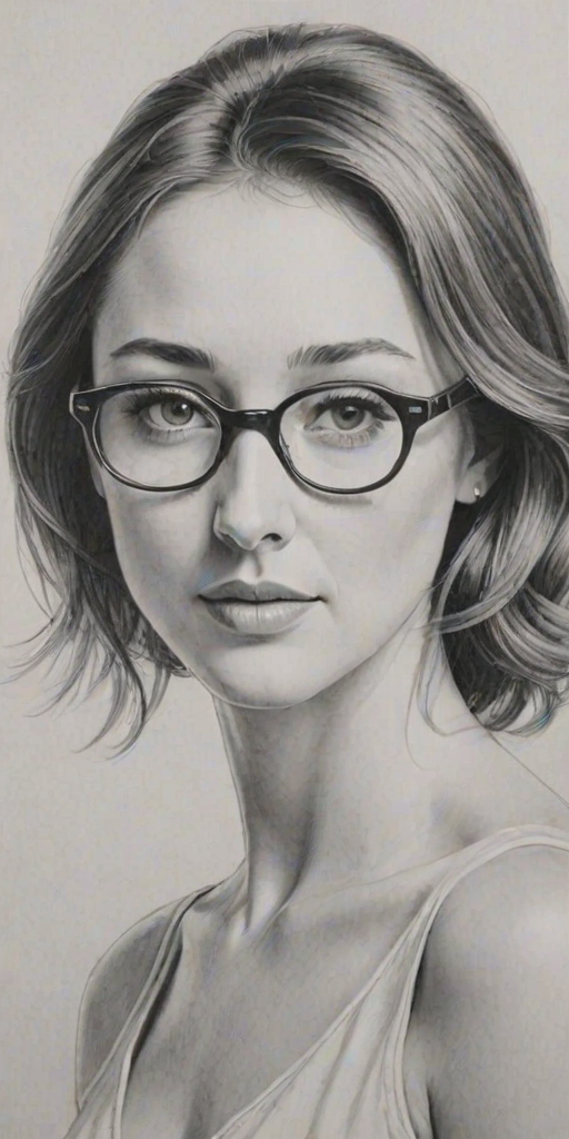 Sublime Bree Turner, pencil sketch, portrait of Graceful woman 1962s in glasses, hair style beatnik, outline, clear lines, fine lines, 8k