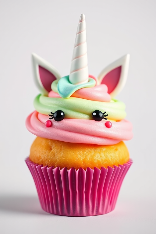 a cute cartoon cupcake with a unicorn horn and ears, vibrant colors, high detail, 3D rendering, macro shot, f/2.8 aperture, ISO 100, 50mm lens, soft lighting, studio background