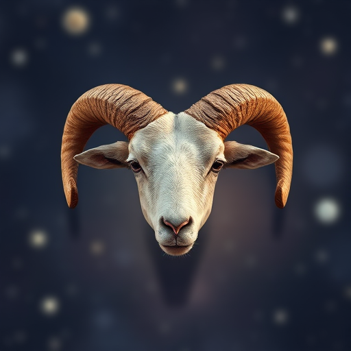 Create a high-resolution image of a ram's head emerging from a cosmic background, using a DSLR camera with a 50mm lens, aperture set to f/1.8, ISO 100, shutter speed 1/200s, at eye level for a sharp focus on the ram and soft bokeh effect in the background.