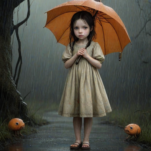 An eerie, weird little girl with dark hair in thin pigtails, wearing a smock dress, standing in the rain, holding a dirty orange umbrella, a small, odd creature beside her. In a surreal style inspired by Nicoletta Ceccoli and Brian Froud. Dark fantasy themes