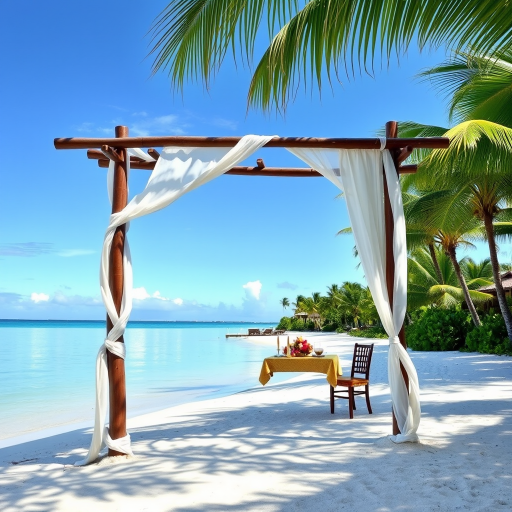 Create a picturesque tropical beach scene featuring a serene, white sandy shore. In the foreground, there's a rustic wooden canopy with white drapes gently flowing in the breeze. Underneath the canopy, a table is set with tropical decor, evoking a sense of relaxation and leisure. The beach extends into a calm, shallow water area with reflections of the sky and surroundings. Palm trees and lush greenery line the edge of the beach, providing a natural, tropical backdrop. The sky is clear with a few scattered clouds, and the overall atmosphere is tranquil and inviting, perfect for a peaceful retreat.