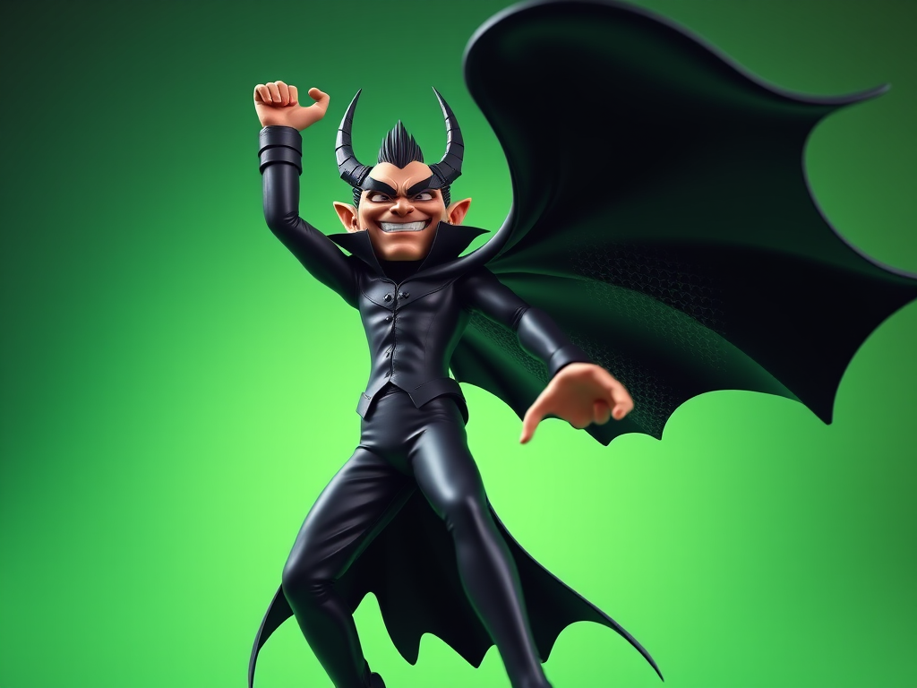 Generate a dynamic 3D character image of a villainous figure in a sleek black outfit with spikes and a flowing cape, standing triumphantly with an exaggerated expression on a vibrant green gradient background, shot with a Canon EOS R5, 50mm lens, f/1.8 aperture, ISO 100, 1/200 sec shutter speed in a dramatic low-angle view for enhanced depth and detail.