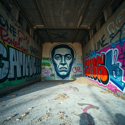 Capture a vibrant urban graffiti scene inside a weathered concrete room with a large mural of a face, using a Canon EOS R5, 24mm lens, aperture f/8, ISO 100, with natural lighting and a wide-angle view to enhance detail and color saturation.