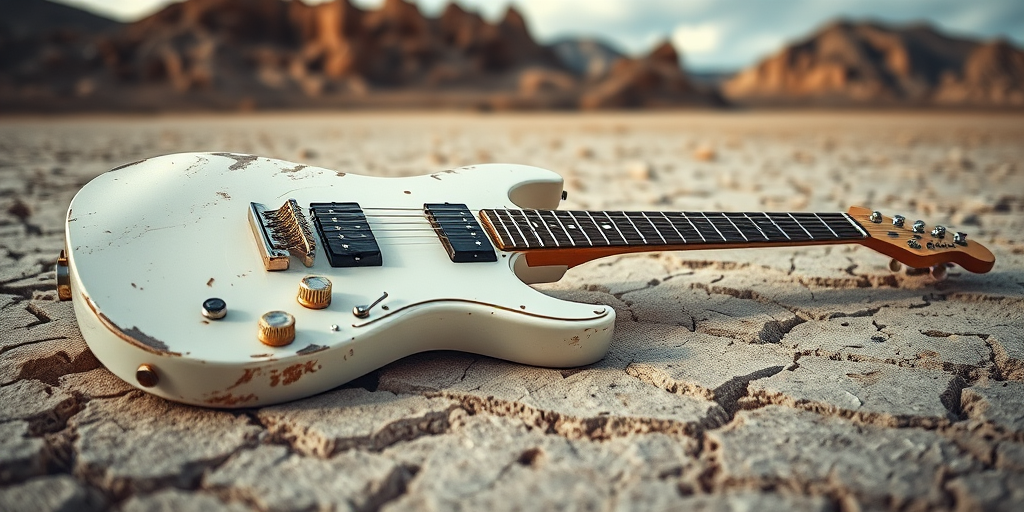 A weathered white electric guitar lying on a cracked desert landscape with rocky mountains in the background, captured with a Canon EOS 5D Mark IV, 50mm f/1.8 lens, f/11 aperture, ISO 100, and a low-angle perspective to emphasize the texture of the ground and details of the guitar.