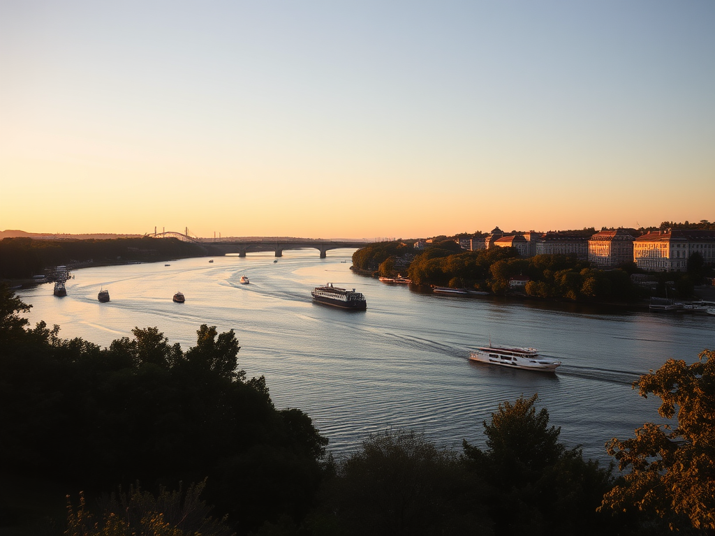Landscape photograph of a river with boats and a bridge in the background, taken during golden hour, using a DSLR camera with a 50mm lens, aperture set to f/8, ISO 100, and shutter speed of 1/200 sec for enhanced detail and color.