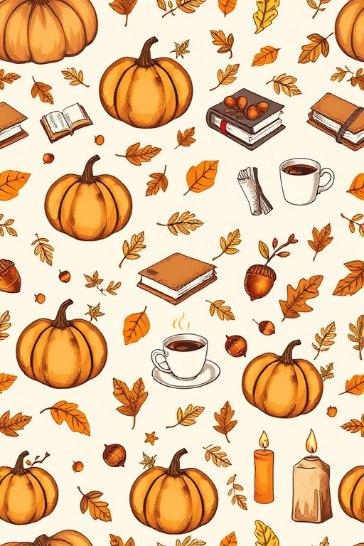 Create a seamless pattern featuring hand-drawn elements such as pumpkins, books, coffee cups, leaves, acorns, and candles on a light beige background. The design should have a whimsical and cozy autumn theme, with a balanced distribution of the various elements throughout the composition.