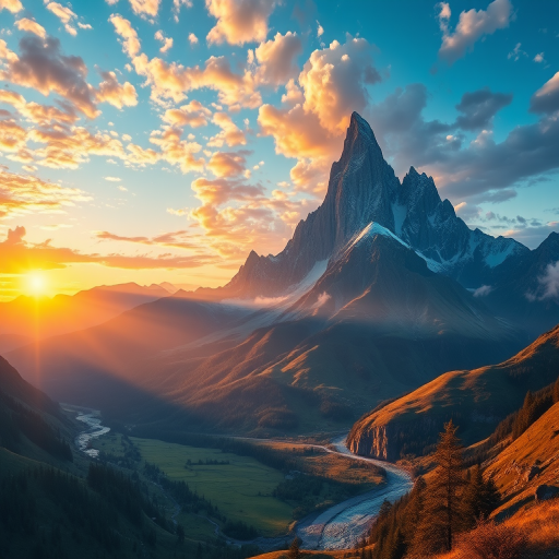 Create a vibrant digital artwork of a fantasy landscape featuring a majestic mountain range at sunset, with lush valleys and a flowing river, captured from a wide-angle perspective using a DSLR camera at f/8 aperture, ISO 100, and a shutter speed of 1/200s for enhanced detail and clarity.