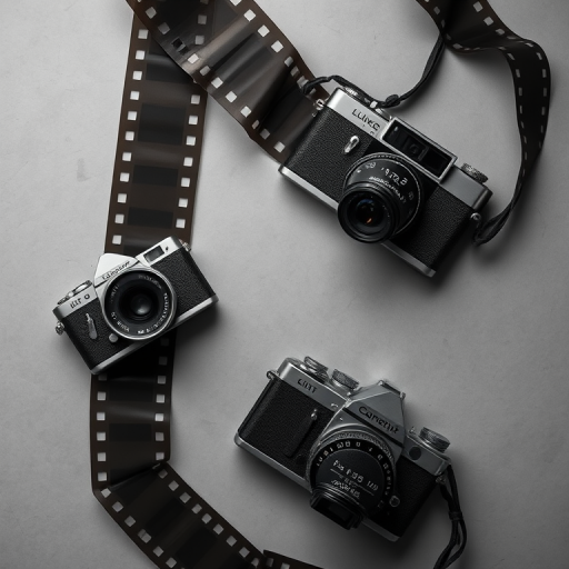 Create a high-resolution abstract image of overlapping film strips and vintage cameras in a grayscale background, using a professional camera with a 50mm lens, aperture set to f/2.8, ISO 100, shot in a top-down view with soft diffused lighting.