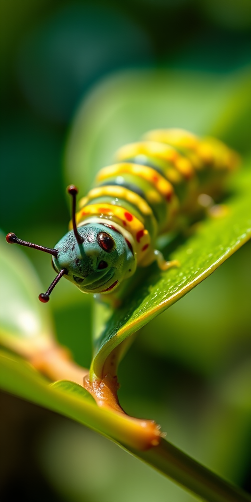 A close-up shot of a colorful caterpillar on a green leaf, shallow depth of field, 50mm lens, f/2.8 aperture, 1/200 sec shutter speed, natural sunlight, DSLR camera.