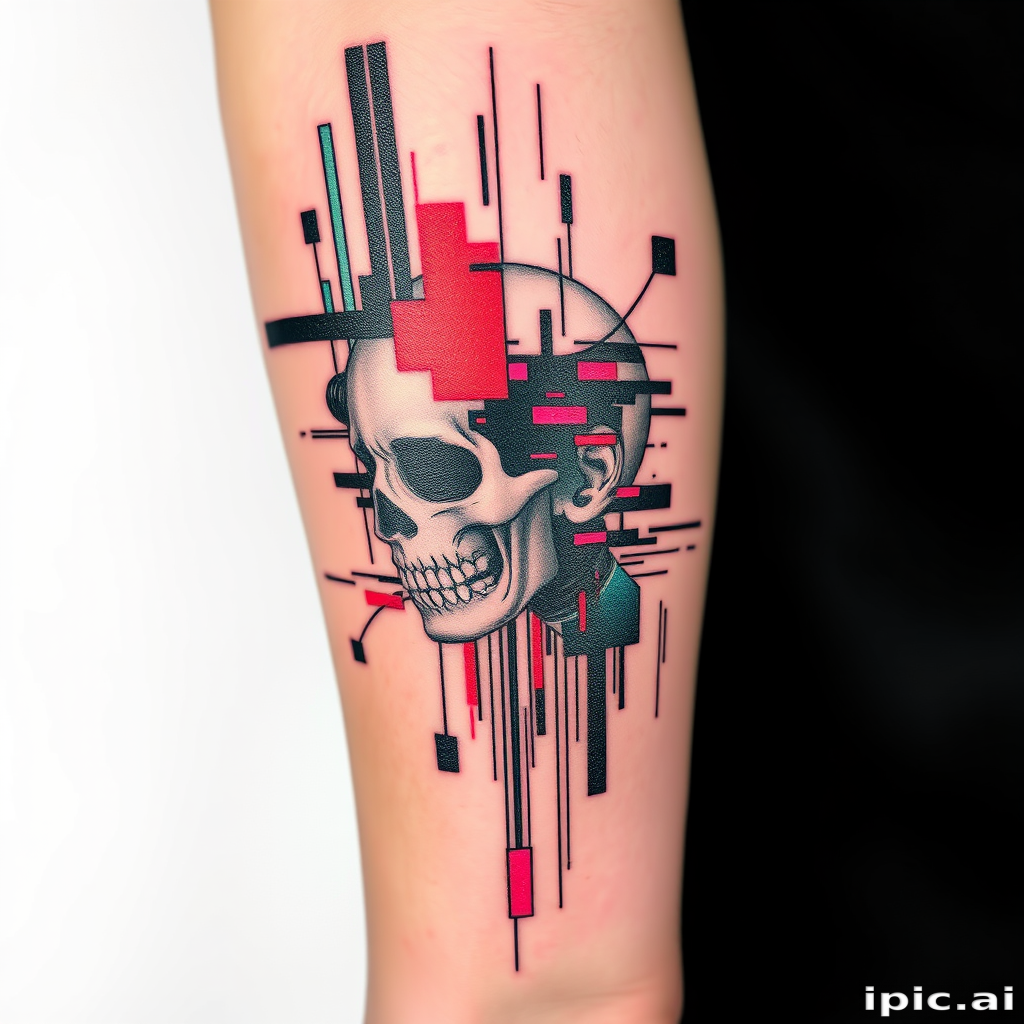 Avant-garde glitch tattoo incorporating digital distortion effects and pixelated elements, merging traditional and contemporary aesthetics, unique and cutting-edge artistic concept