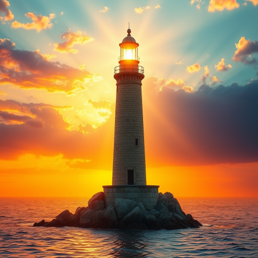 Generate an image of a tall lighthouse perched on a rocky outcrop surrounded by calm ocean waters during a breathtaking sunset. The lighthouse stands sturdy and weathered, its stone surface illuminated by the warm golden light of the setting sun. The sun's rays pass directly through the glass lantern room at the top of the lighthouse, casting a brilliant light across the scene. The sky is painted with vibrant shades of orange, pink, and purple, reflecting off the tranquil sea. The surrounding water shimmers with the same warm hues, creating a serene and majestic atmosphere.