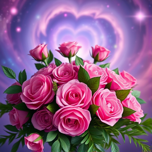 Create a vibrant floral arrangement with pink and purple roses intertwined with lush green leaves, set against a dreamy cosmic background of swirling colors, shot with a Canon EOS R5, 50mm f/1.2 lens, aperture f/2.8, ISO 100, and a soft focus to enhance the ethereal quality.