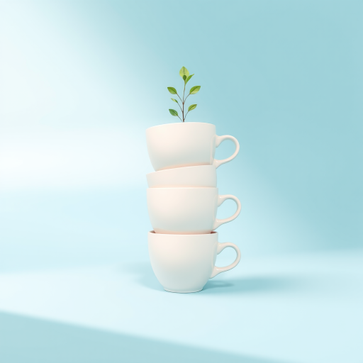Create an illustration of four stacked cups on a pastel blue background, with the top cup featuring a small plant, using a digital art style; simulate a flat lay view with soft natural lighting settings, focus lens at f/2.8 to create a shallow depth of field, and apply a 50mm camera perspective for enhanced clarity.