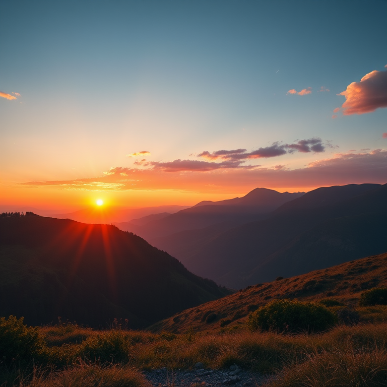 high-resolution image of a serene landscape with mountains in the background during sunrise, captured with a Canon EOS R5 at 24mm, f/8, ISO 100, 1/125s, using a wide-angle lens for an expansive view and vibrant colors