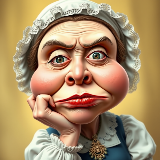 The image is a caricature of a woman with exaggerated features. She is wearing a white bonnet with lace trim and a white blouse with a blue bodice. She is leaning her chin on her hand with a bored or tired expression. Her lips are full and pouty, her cheeks are round and puffy, and her eyes are wide and slightly crossed. Her nose is long and thin, and her brows are furrowed. She is wearing a necklace with a large, ornate pendant. The background is a soft, blurry yellow. The overall effect is humorous and slightly grotesque.