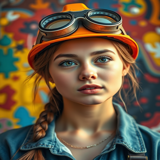 Create a hyper-realistic portrait of a young woman wearing a miner's hat with goggles, set against a vibrant abstract background, captured with a Canon EOS R5, 50mm lens, f/1.8 aperture, 1/125 sec shutter speed, natural lighting, and enhanced color saturation.