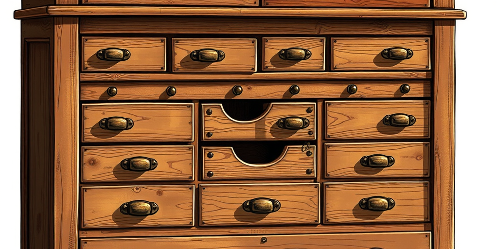 Create a detailed illustration of a vintage wooden apothecary cabinet with multiple drawers and compartments, captured from a slightly elevated angle using a DSLR camera at f/8 aperture, ISO 100, 35mm focal length, and natural soft lighting to enhance the wood texture and details.