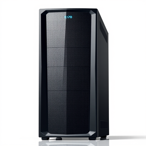 high-resolution image of a server tower with a sleek, modern design, minimalistic background; camera settings: ISO 100, f/8, 1/125s; camera view: front view; camera style: digital illustration; camera type: DSLR