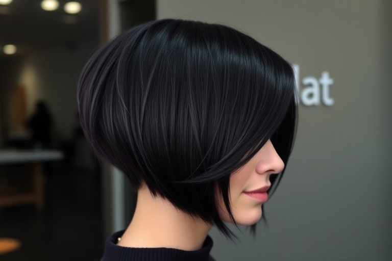 Velvet Midnight Shadow displays a rich, deep black base with subtle dark purple undertones, cut into a sleek, angular bob with razor-sharp edges