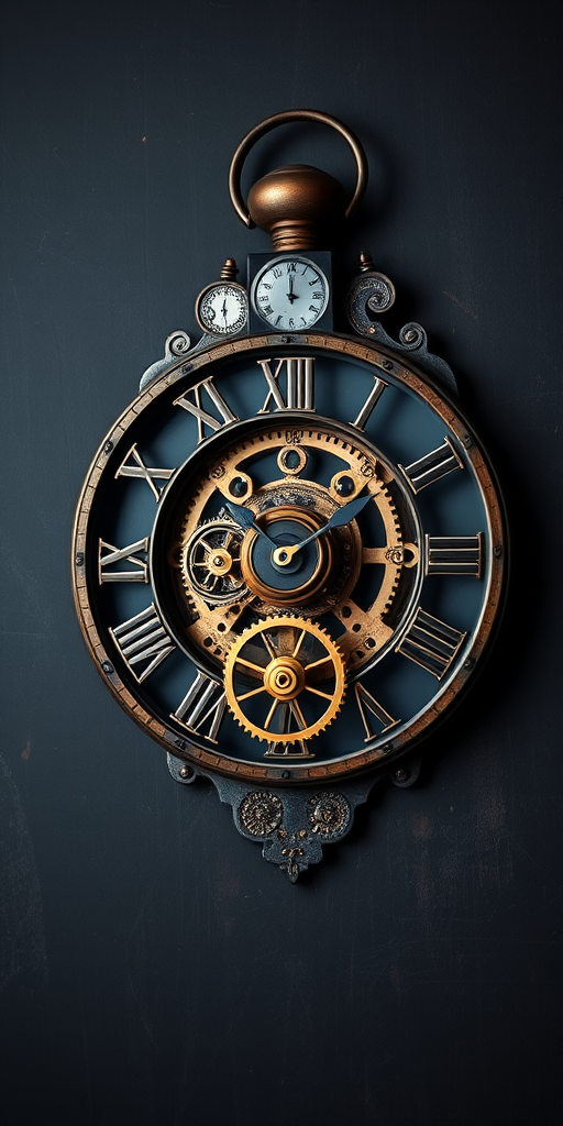 Regenerate the image of an intricate steampunk clock against a dark textured background, capturing the details of the gears and Roman numerals, using a DSLR camera with a 50mm lens, f/1.8 aperture, ISO 100, and a soft-focus background to enhance depth.