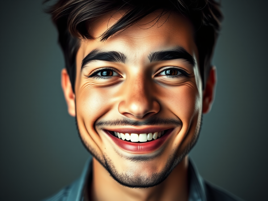 Create a high-contrast vector portrait of a smiling face with defined outlines, use an 85mm lens, aperture f/1.8, ISO 100, top-down lighting, and soft focus background to enhance image quality.