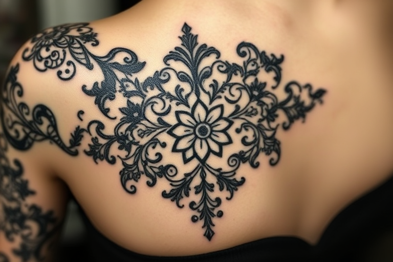 Blackwork ornamental tattoo entitled "Gothic Lace" featuring intricate patterns inspired by Victorian-era lace and filigree work, with delicate swirls and floral motifs creating a stunning contrast against the skin, ideal for those who appreciate the elegance and sophistication of vintage-inspired designs.