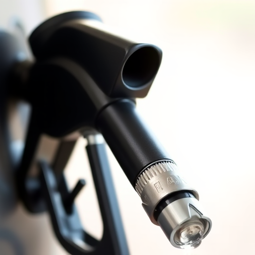 Create a highly detailed, realistic illustration of a black fuel pump nozzle with a visible drop of fuel at the tip, using a DSLR camera with a 50mm lens, aperture set to f/2.8, shutter speed at 1/200s, ISO 100, natural lighting, and a soft focus background to enhance image quality.