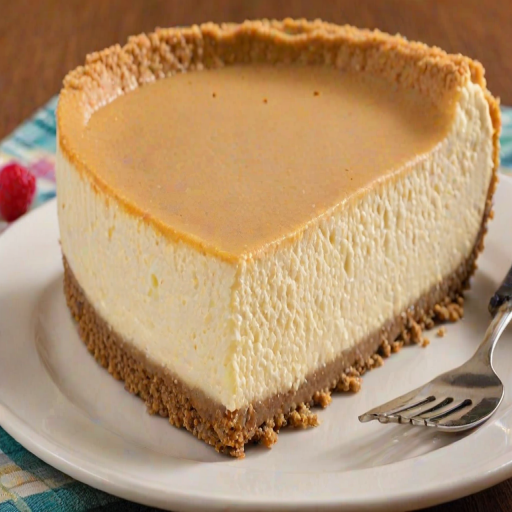 Generate an image of a creamy cheesecake with a graham cracker crust, featuring a slice removed to show the smooth texture inside. The cheesecake should be placed on a wooden serving board, with a colorful checkered cloth underneath.