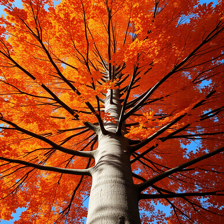a tall tree with vibrant orange autumn leaves, captured from a low angle perspective using a DSLR camera, f-stop 4.0, ISO 100, 1/250 sec exposure, natural lighting for enhanced color saturation