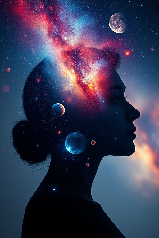 Create a serene portrait of a woman with a galaxy within her silhouette, featuring vivid colors of cosmic elements such as stars, moons, and planets, shot with a Nikon D850 at f/1.8, ISO 100, and a 35mm lens, capturing intricate details in a soft-focus background for depth.