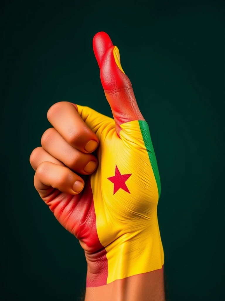 Create an image of a hand giving a thumbs up, painted with the colors of the Mali flag (green, yellow, red), captured with a DSLR camera at f/2.8, ISO 100, 1/200 sec, in high resolution, with a macro lens and a shallow depth of field.