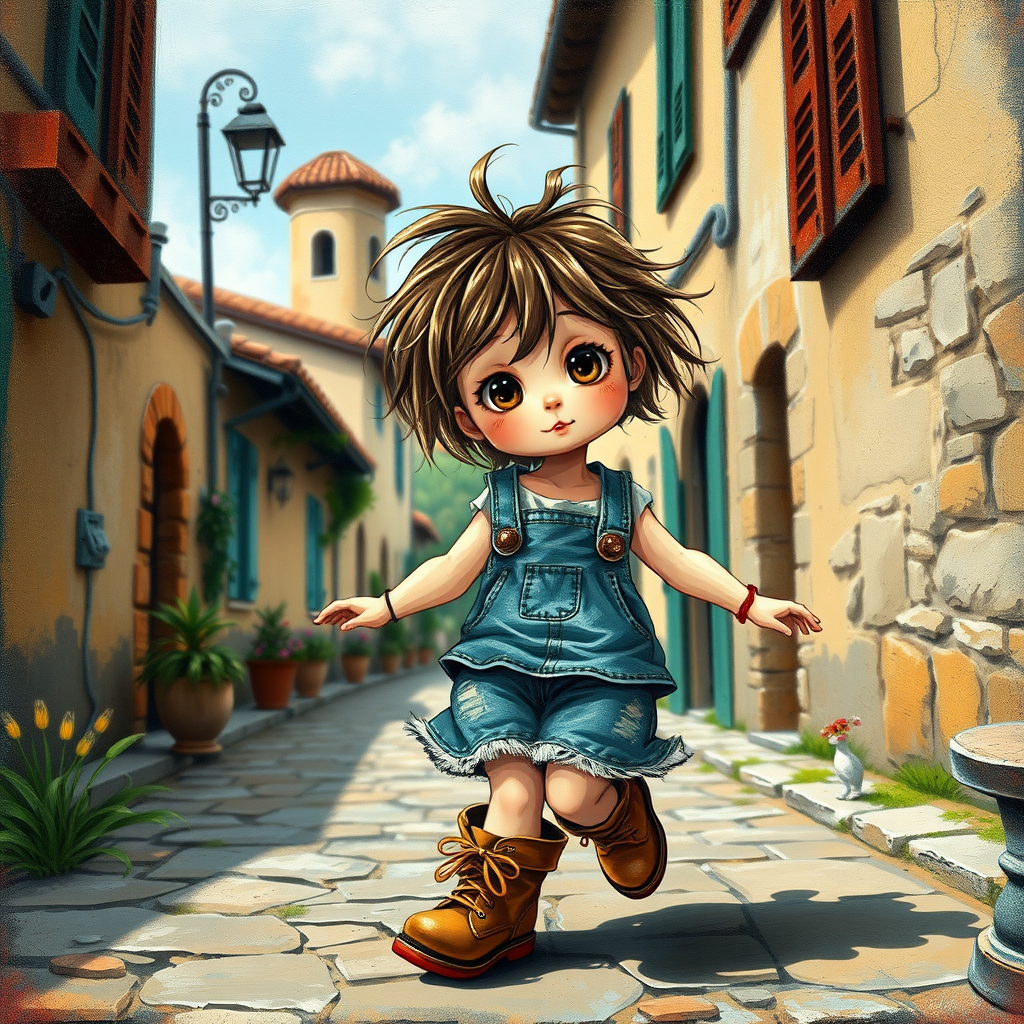 Whimsical little 3-year-old girl wearing scruffy tomboy clothes, boots, messy hair heavily blushed cheeks, pink lips, closely dancing in the street of an Italian village,Textured painterly fantasy artistic mixed media
