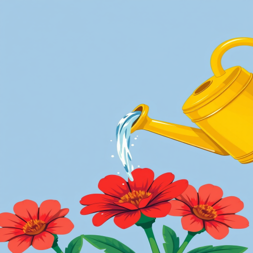 Create a vibrant illustration of a yellow watering can pouring water onto a red flower, using a DSLR camera with a 50mm lens, aperture f/2.8, ISO 100, 1/250s exposure, shot from a slightly elevated angle to enhance depth and detail.