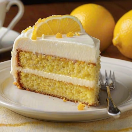 Create an image of a delicious cake with a smooth, creamy lemon topping and a golden brown crust. The cake should have a few slices cut out, revealing its layered texture, and be garnished with small pieces of orange zest on top. The background should be a soft, light color to emphasize the cake's vibrant appearance.