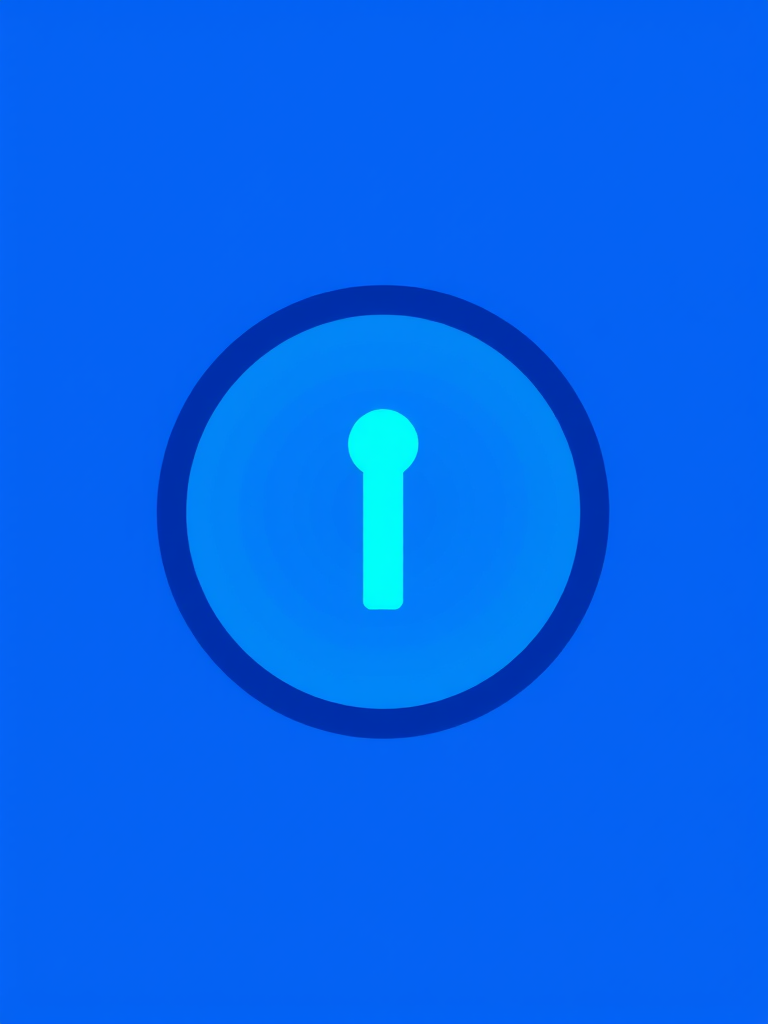 Create a high-resolution image of a blue circular information icon with a modern design, using a DSLR camera with a 50mm lens, aperture set to f/1.8 for a soft background blur, ISO 100 for crisp details, and a slight vignette effect for depth.