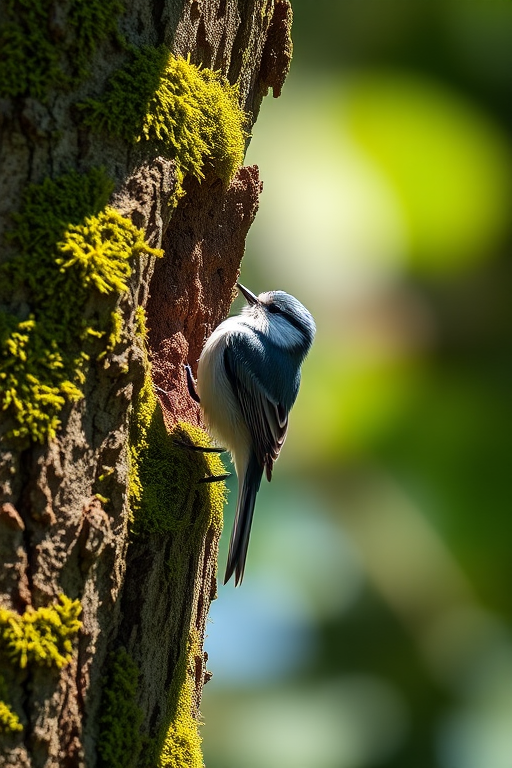 photograph a long-tailed tit perched on the side of a moss-covered tree trunk in a bright, sunny environment with a shallow depth of field, ISO 200, aperture f/4, shutter speed 1/500 sec, 200mm lens, captured in natural light with a DSLR camera for vibrant colors and sharp details