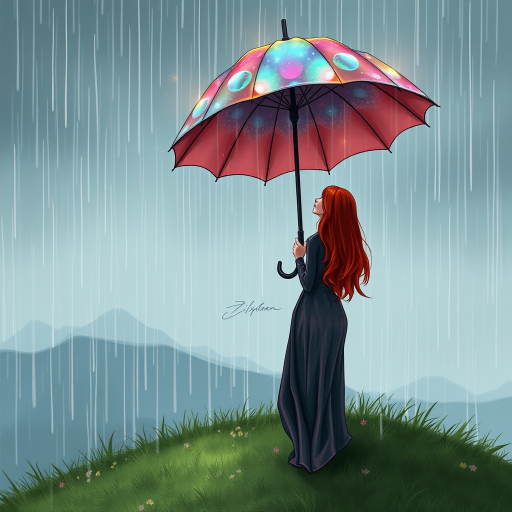 A surreal hand-drawn digital artwork depicting a mysterious red-haired woman standing on a grassy hill under the rain. She holds an umbrella crafted from iridescent zircon, its vibrant sheen contrasting with the soft, rainy atmosphere. The scene feels dreamlike, blending the natural elements of the hill and rain with the otherworldly shimmer of the umbrella.