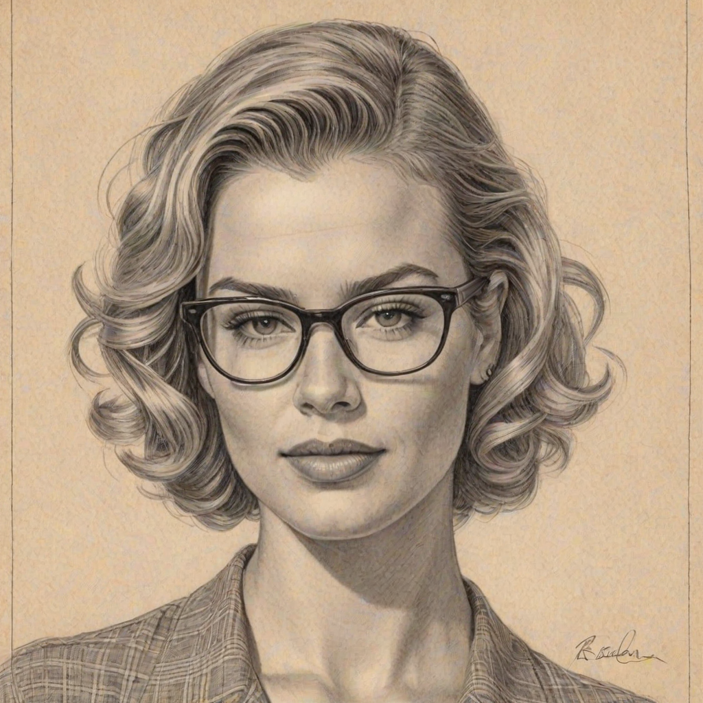 Sublime Rebecca Romijn, pencil sketch, portrait of Gorgeous woman 1938s in glasses, hair style beatnik, outline, clear lines, fine lines, 8k