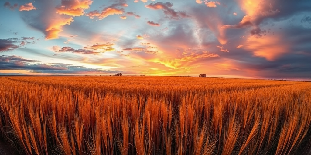 Capture a panoramic view of a golden field under a dramatic sky at sunset, using a DSLR camera, 24mm lens, f/8 aperture, ISO 100, with a focus on vibrant colors and texture in the grass.