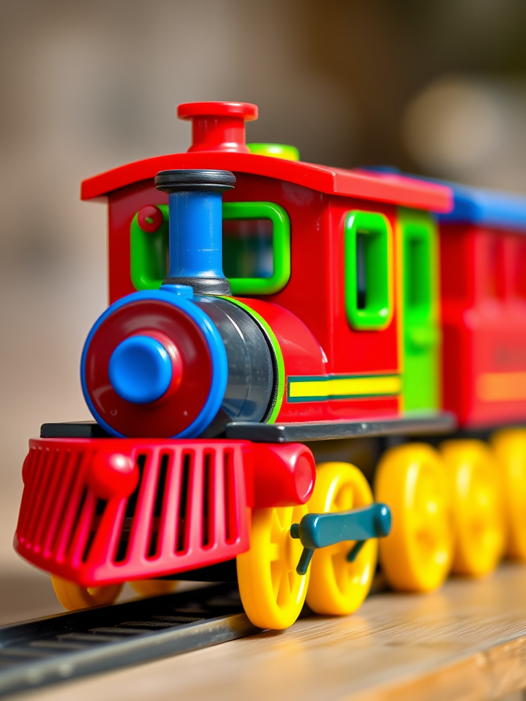 Create a colorful cartoon-style image of a toy train with a red front, green cabin, blue chimney, and yellow wheels, shot with a DSLR camera at f/8 aperture, 50mm lens, ISO 200, natural light, and a slight depth of field to emphasize the train details.
